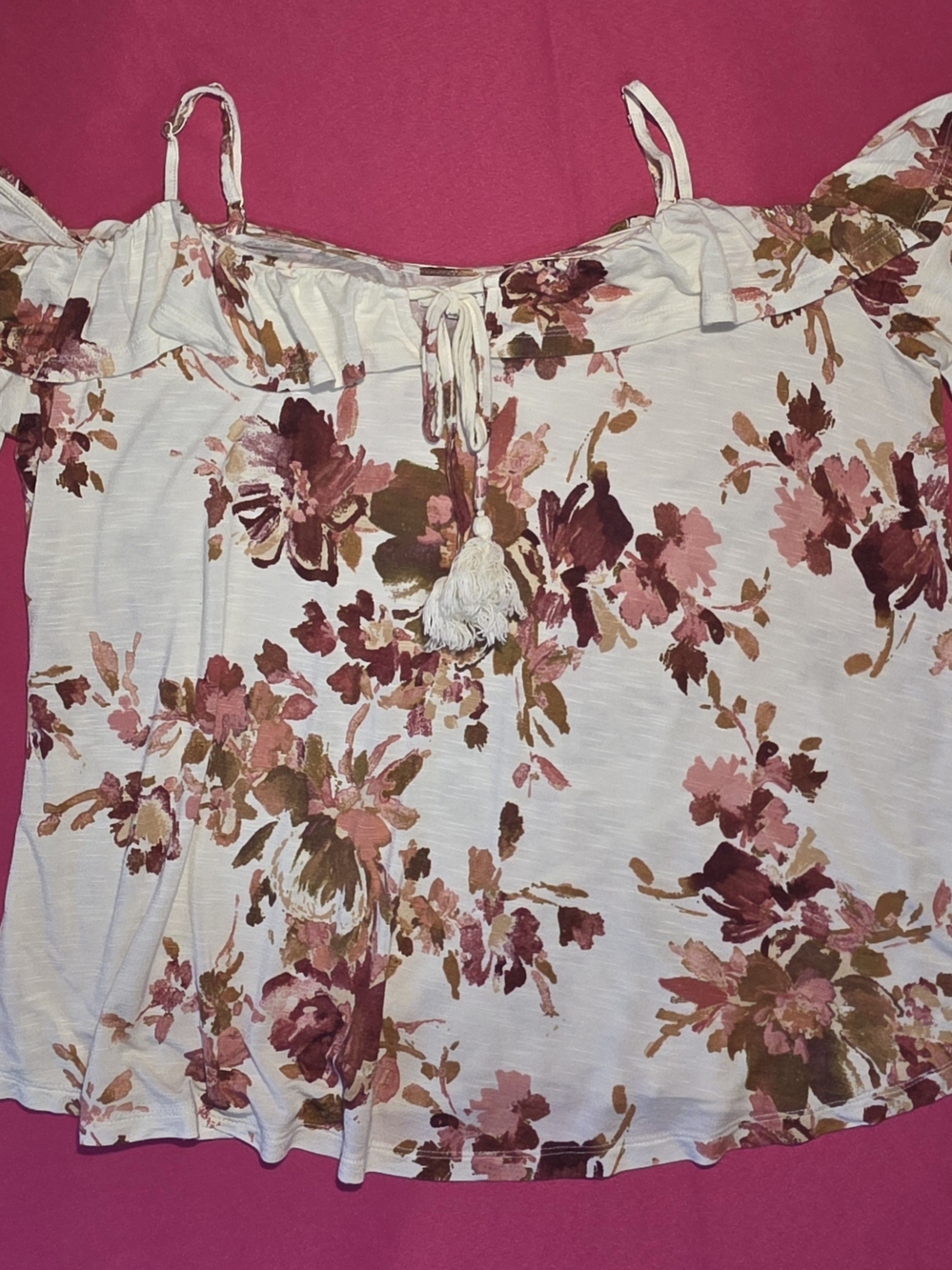 Maurices Floral Ruffle Off-Shoulder Cami in Cream, Pink and Brown